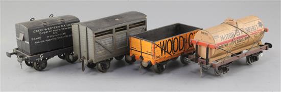 A Wood & Co open wagon, 12T, no.300, in orange, a B.P. Petrol tanker, no.1098, in brown and orange,